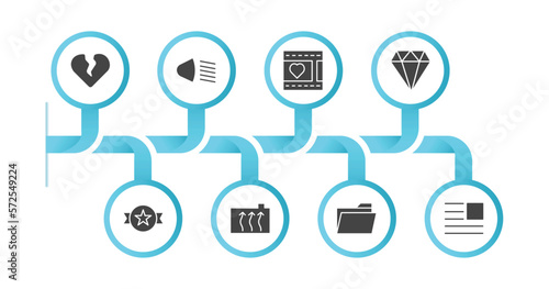 editable filled icons with infographic template. infographic for shapes concept. included heartbreak, low beam, film strip with heart, big diamond, trademark, engine coolant, open folder, paragraph