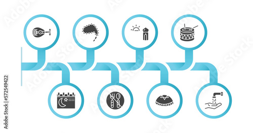 editable filled icons with infographic template. infographic for religion concept. included oud, prayer beads, ramadan sunrise, eyd drum, ramadan month, fasting, yarmulke, islamic wudu icons.
