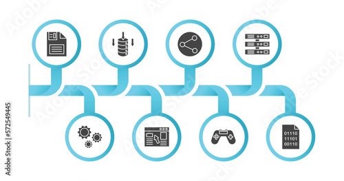 editable filled icons with infographic template. infographic for seo concept. included floppy disk, data storage, sharing, server, cogwheel, landing page, console, binary code icons.