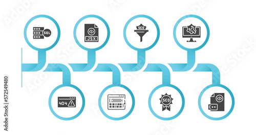 editable filled icons with infographic template. infographic for programming concept. included mysql, jsx, seo funnel, web optimization, error 404, compiler, seo badge, programming language icons.