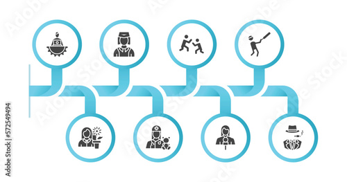 editable filled icons with infographic template. infographic for professions concept. included it manager, stewardess, wrestling, cricket player, florist, pediatrician, journalist, mafia icons.