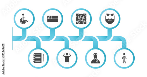 editable filled icons with infographic template. infographic for people concept. included handicapped, chilean, vitruvian man, beard, pencil and notebook, takbir, pacient, hairy icons.