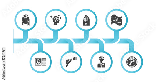 editable filled icons with infographic template. infographic for people concept. included cape, psychology, julus, argentina, identification ard, ruku, amazonian, no racism icons.