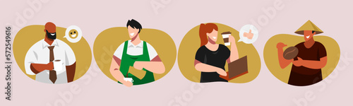 set of various people enjoying coffee businessman, barista, freelancer, farmer, diversity, ethic. enjoying coffee, making coffee, harvesting. flat vector graphic design.