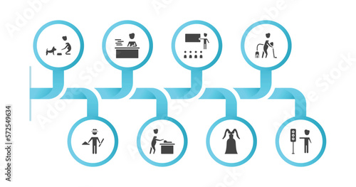 editable filled icons with infographic template. infographic for people concept. included feeding a dog, working at the office, teacher and students, man vacuuming, architech working, carpenter