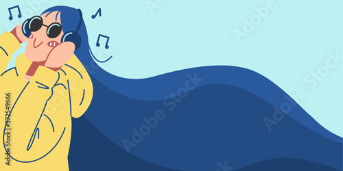illustration of a beautiful girl with glasses and long wavy hair listening to music with headphones. concept of music, hobby, relaxing, entertainment. for wallpapers, backgrounds, etc. flat vector