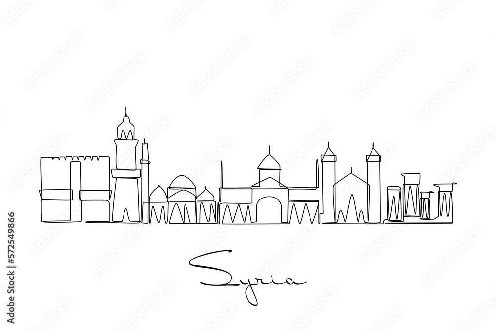 Syria skyline continuous one line drawing. Middle east Asia country for travel destination Vector illustration.