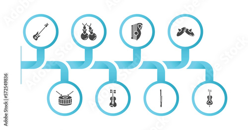 editable filled icons with infographic template. infographic for music concept. included bass guitar, castanets, zither, cymbals, snare drum, viola, bassoon, double bass icons.