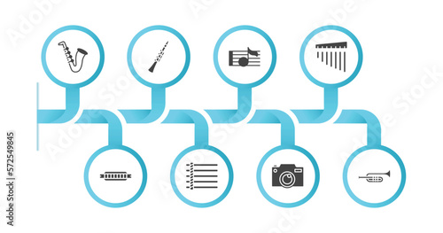 editable filled icons with infographic template. infographic for music and media concept. included jazz, oboe, crotchet, chimes, harmonica, dotted barline, photo camera, trombone icons.