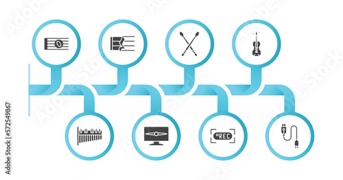 editable filled icons with infographic template. infographic for music and media concept. included whole, quarter note rest, drumsticks, cello, marimba, television screen off, rec, charging plug