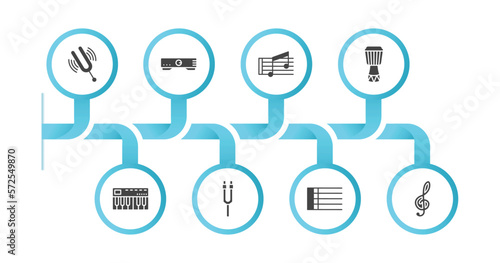 editable filled icons with infographic template. infographic for music and media concept. included diapason, amplifier, beam, djembe, music keyboard, tuning fork, bold double bar line, treble clef