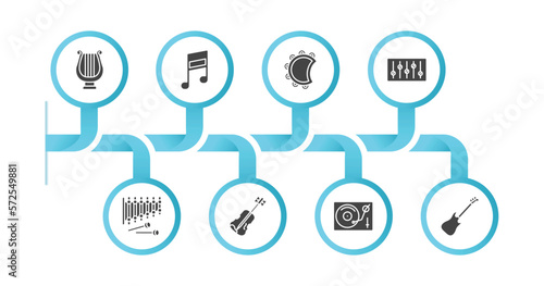 editable filled icons with infographic template. infographic for music concept. included lyre, musical note, tambourine, equalizer, xylophone, violin, turntable, guitar icons.