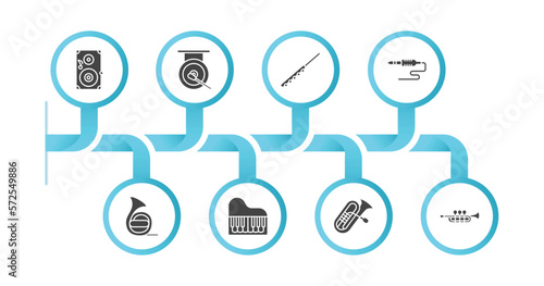 editable filled icons with infographic template. infographic for music concept. included speaker, gong, flute, jack, horn, piano, tuba, et icons.