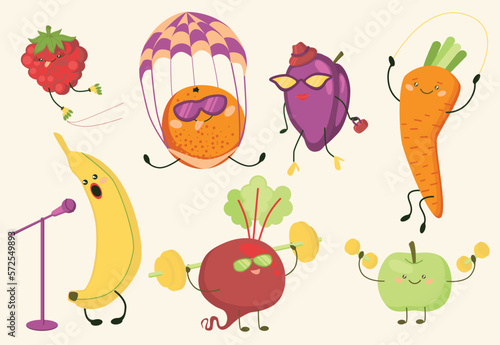 raspberry; orange; plum; carrot; banana; beetroot; singer; object; natural; super; hero; juice; vegetables; fitness; strong; workout; sticker; summer; emotion; vegan; kawaii; drawing; nutrition; natur