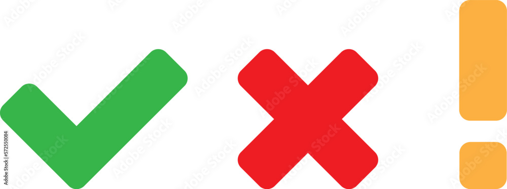 Obraz premium Set of flat round check mark, exclamation point, X mark icons.Vector illustration