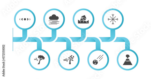 editable filled icons with infographic template. infographic for meteorology concept. included moon phases, fog, landslide and house, winter, broken tree by wind, wind and bend trees, space comet,