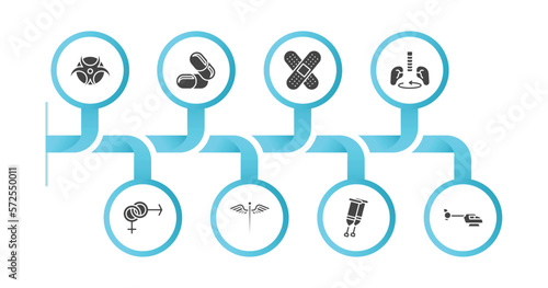 editable filled icons with infographic template. infographic for medical concept. included biological warning  medicine capsules  sticking plaster  breath control  united heterosexual  caduceus 