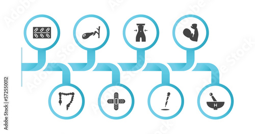 editable filled icons with infographic template. infographic for medical concept. included cure, gallbladder, nutrionist, strong, colon, plastering, dosage medical tool, medicines bowl icons.