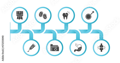editable filled icons with infographic template. infographic for medical concept. included tissue paper, bacteria, caries, male, ointment, medical records, stoh, femur icons.