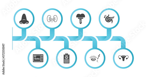 editable filled icons with infographic template. infographic for medical concept. included e, kidney, implants, pancreas, ecg, medical history, eye drops, uterus icons.