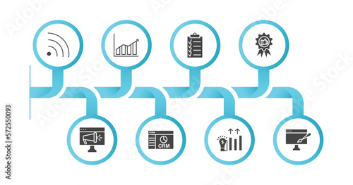 editable filled icons with infographic template. infographic for marketing concept. included rss, marketing graph, checklist, recommendation, online marketing, crm, demand, web graphic icons.
