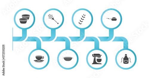 editable filled icons with infographic template. infographic for kitchen concept. included custard cup, honey dipper, wheat, stew pot, saucer, nder, mixer, apron icons.