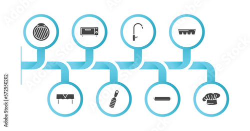 editable filled icons with infographic template. infographic for kitchen concept. included chopping board, bun warmer, kitchen tap, ice cube tray, tablecloth, grater, tray, chef hat icons.
