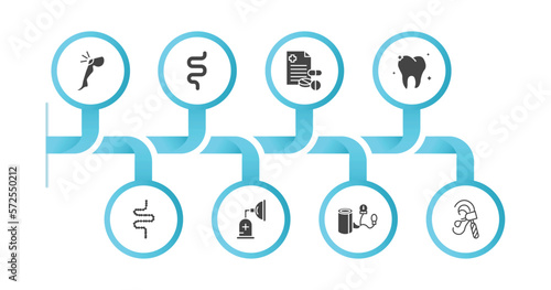 editable filled icons with infographic template. infographic for medical concept. included knee, intestine, prescription, molar, intestines, anesthesia, blood pressure, otoscope icons.