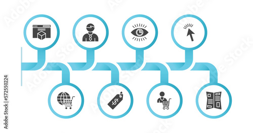 editable filled icons with infographic template. infographic for marketing concept. included web package, salesman, business eye, web cursor, web shop, price, consumer, gazette icons.