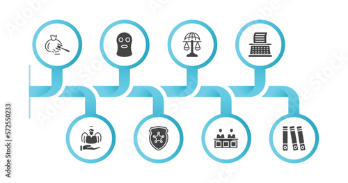 editable filled icons with infographic template. infographic for law and justice concept. included inheritance law, balaclava, international law, stenographer, innocent, police badge, jury, practise