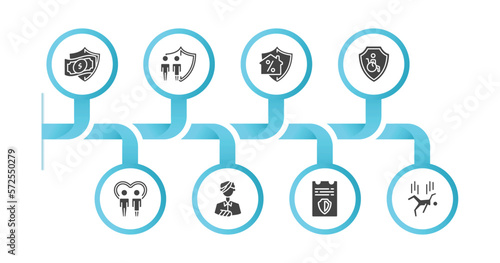 editable filled icons with infographic template. infographic for insurance concept. included money insurance, family insurance, mortgage, disabled, family care, wounded, license, falling icons.