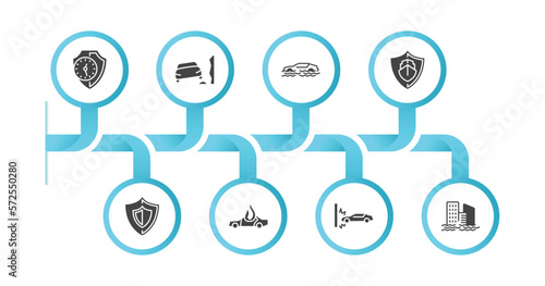 editable filled icons with infographic template. infographic for insurance concept. included long term protection, stone on the road, flood risk, ship insurance, safe, burning car, crash, inundation