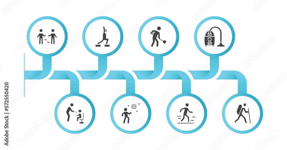 editable filled icons with infographic template. infographic for humans concept. included people trading, fitness exercises, public work, vacuum cleaning, feeding, man dancing, walk, man in hike editable filled icons with infographic template. infographic for humans concept. included people trading, fitness exercises, public work, vacuum cleaning, feeding, man dancing, walk, man in hike