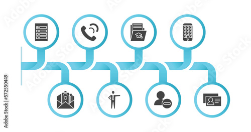 editable filled icons with infographic template. infographic for human resources concept. included selection, call, curriculum, application, salary, boss, remove user, personal profile icons.