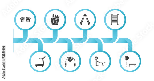 editable filled icons with infographic template. infographic for gym equipment collection. concept. included gym gloves, training gloves, hand grip, swedish wall, treadmill hine, jumping rope,