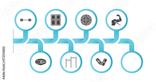 editable filled icons with infographic template. infographic for gym and fitness concept. included little dumbbell, locker, iron shoot, steroids, lumbar belt, sport gloves, gym ladder, pill and