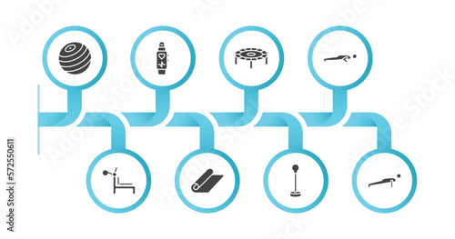 editable filled icons with infographic template. infographic for gym and fitness concept. included gymnastic ball, fitness tracker, trampoline, pushups exercises, simulator for press, mat for