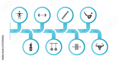 editable filled icons with infographic template. infographic for gym and fitness concept. included stick man hoop, dumbbells exercise, sport expander, abdominal exercises, isotonic, gymnastic rings,