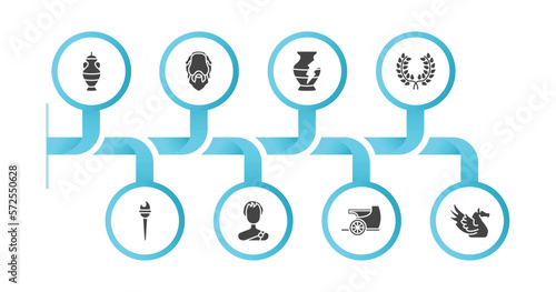 editable filled icons with infographic template. infographic for greece concept. included amphora, socrates, broken amphora, laurel, sports torch, alexander the great, chariot, pegasus icons.