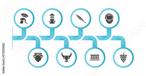 editable filled icons with infographic template. infographic for greece concept. included armor, olympus, xifos, aristotle, muse, minotaur, parthenon, grapes bunch icons.