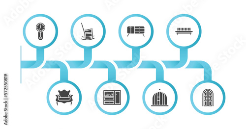 editable filled icons with infographic template. infographic for furniture & household concept. included wall clock, rocking chair, credenza, daybed, fauteuil, cupboard, bird cage, double door