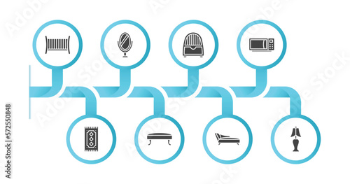 editable filled icons with infographic template. infographic for furniture & household concept. included crib, mirror, dehumidifier, microwave, rug, hassock, fainting couch, bedroom lamp icons.
