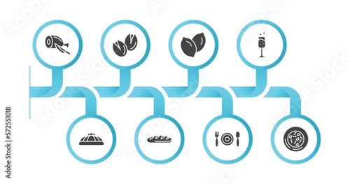 editable filled icons with infographic template. infographic for food concept. included butcher, pistachio, slot, sparkling wine, king cake, french bread, eatery, snow fungus soup icons.