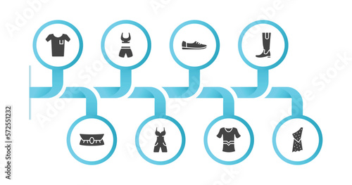 editable filled icons with infographic template. infographic for fashion concept. included white t shirt, gym clothes, shoe side view, hell, accessory, , sportswear, caveman icons.