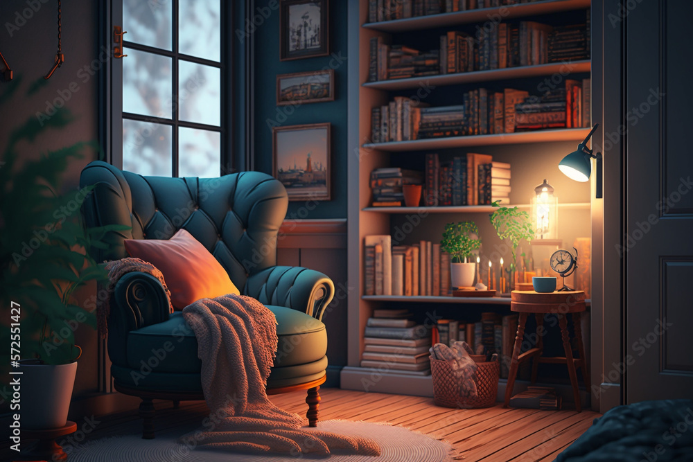 a cozy reading nook decoration with a comfortable chair, soft lighting, and shelves filled with books and decorative objects Generative AI - obrazy, fototapety, plakaty 