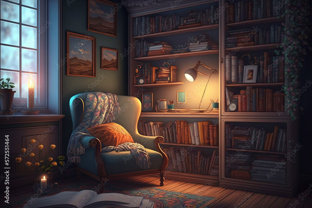 a cozy reading nook decoration with a comfortable chair, soft lighting, and shelves filled with books and decorative objects Generative AI - obrazy, fototapety, plakaty 