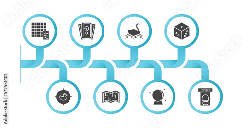 editable filled icons with infographic template. infographic for entertainment concept. included shogi, memory board games, swan boat, die, shoot duck, board game map, magic board games, ticket