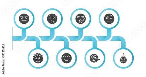 editable filled icons with infographic template. infographic for emoji concept. included suspicious emoji, dizzy emoji, sleeping suspect injured smile liar crazy icons.
