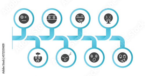 editable filled icons with infographic template. infographic for emoji concept. included sceptic emoji, ninja emoji, drool puking exploding head sleep surprised stupid icons.