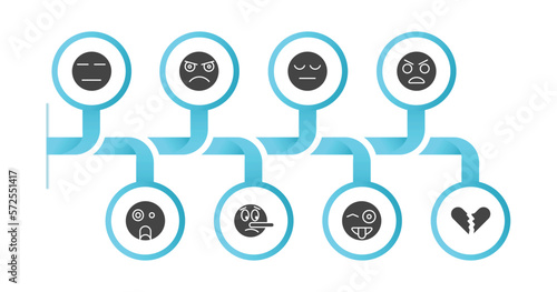 editable filled icons with infographic template. infographic for emoji concept. included expressionless emoji, pouting emoji, tired yelling shocked lying tongue broken heart icons.